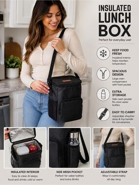 NWOT Insulated Lunch Box Cooler Bag Black Travel Work School Picnic Tote